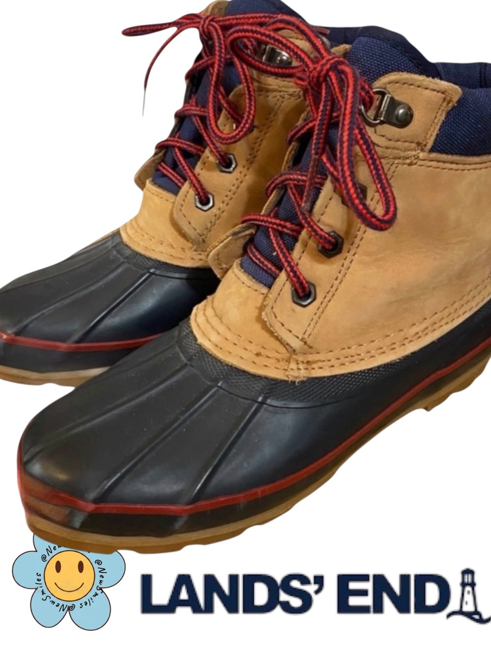 Lands End ~ Vintage Duck Boots ~ Leather & Rubber ~ Tan & Blue & Red ~ Classics